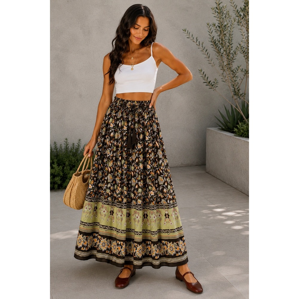 Gypsie Blu Floral Maxi Skirt Women LARGE Brown Boho Peasant Festival Cottagecore